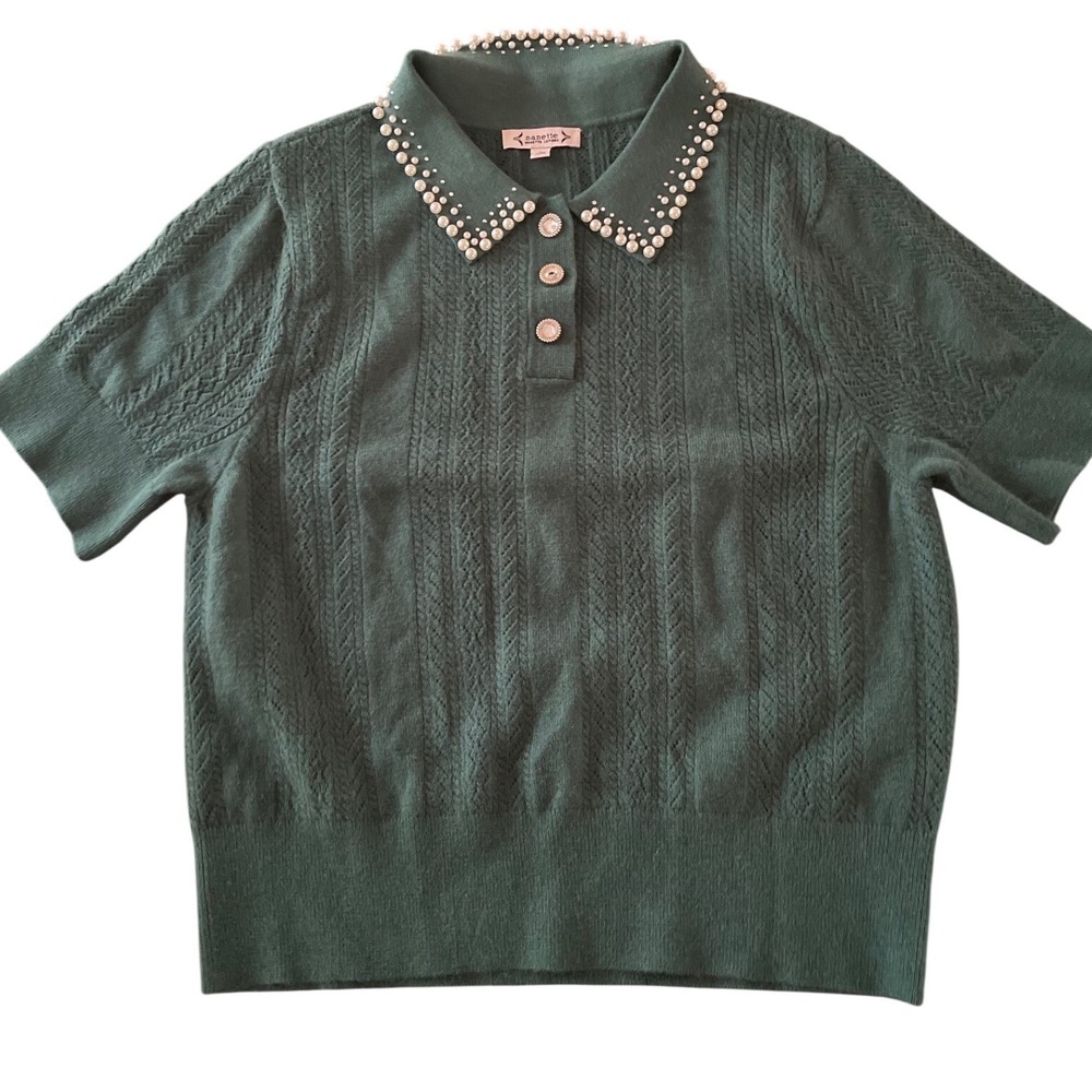 Nanette Lepore Green Cable Knit Short Sleeve Pearl Embellished Polo Sweater L